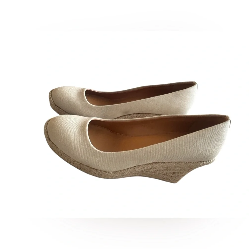 J. Crew Canvas Espadrille Wedge Heels Womens Sz 8.5 Beige Slip On Casual